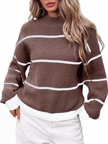 Striped Mock Neck Drop Shoulder Sweater