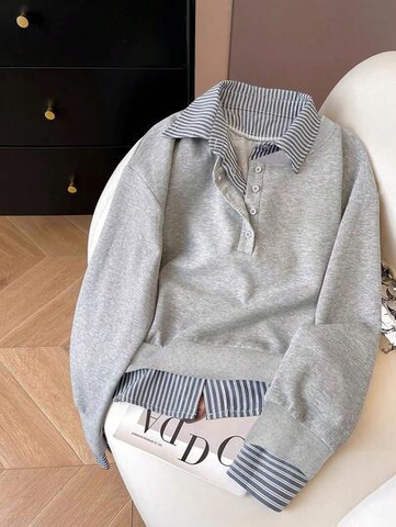 Preppy Style Fake Two-Piece Striped Patchwork Sweatshirt