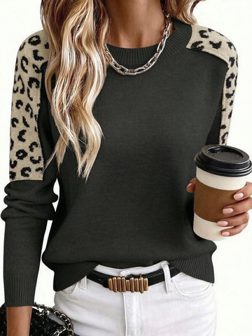 Crew Neck Leopard Patchwork Sweater