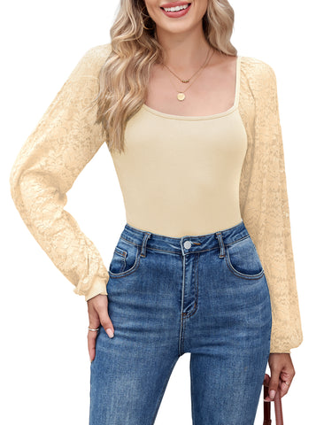 Women's Square Neck Puff Long Sleeve Casual Slim Fit Blouse