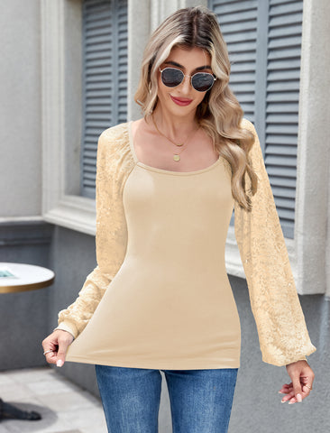 Women's Square Neck Puff Long Sleeve Casual Slim Fit Blouse