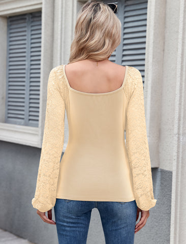 Women's Square Neck Puff Long Sleeve Casual Slim Fit Blouse