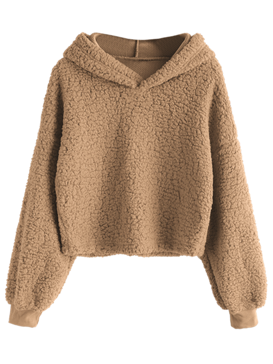 ZAFUL Women's Pullover Crop Hoodie Loose Fit Fuzzy Faux Fur Sweatshirt Drop Shoulder Fluffy Long Sleeve Pullover Tops