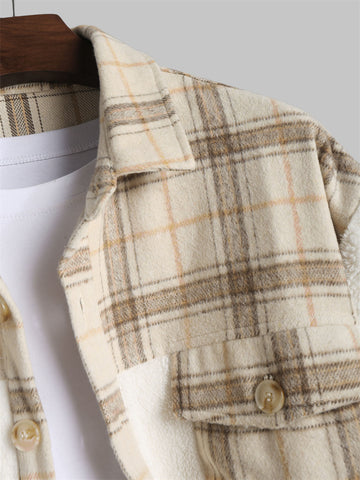 ZAFUL Men Colorblock Flannel Shirt Turn-down Collar Front Pocket Design Woolen Button Down Jacket