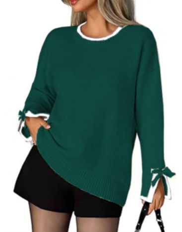 Contrast Color Crew Neck Slit Cuff Pullover