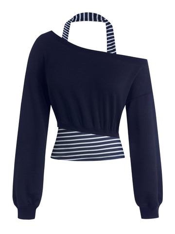 Asymmetrical Off Shoulder 2-in-1 Halter Neck Sweatshirt