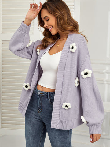 ZAFUL Women's Knitted Long Sleeve 3D Flower Cardigan Sweater Casual Crop Top Cute Going Out Trendy Fall Winter Outfits