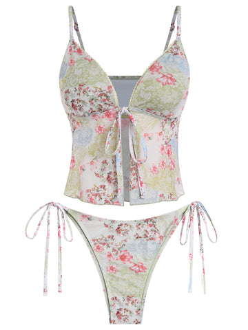 Lace Trim Tie Front High Cut Tanga Tankini -AMZ