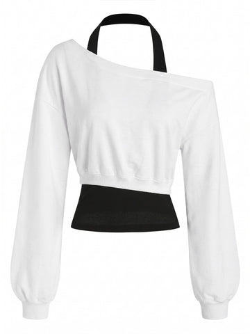 Asymmetrical Off Shoulder 2-in-1 Halter Neck Sweatshirt