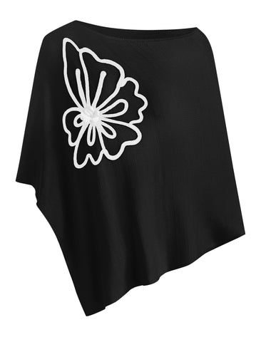 Floral Applique Asymmetrical Knit Poncho