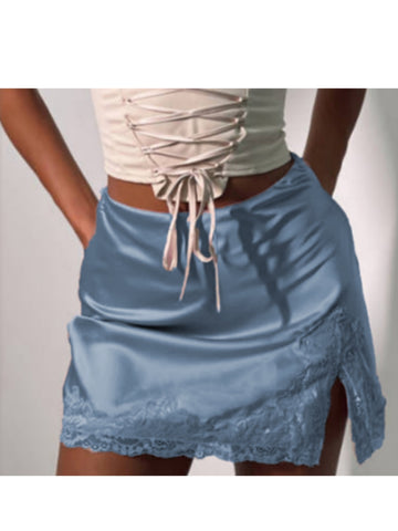 Womens Mini Skirt Slit Lace Detail Sexy A-line Skirt Casual Streetwear Trendy Skirt