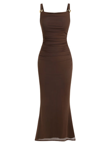 ZAFUL Sleeveless Cocktail Floral Mesh Ruched Bodycon Maxi Party Long Dress
