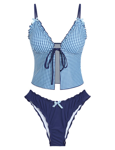 Smocked Ruffles Bowknot Textured Tanga Tankini -AMZ