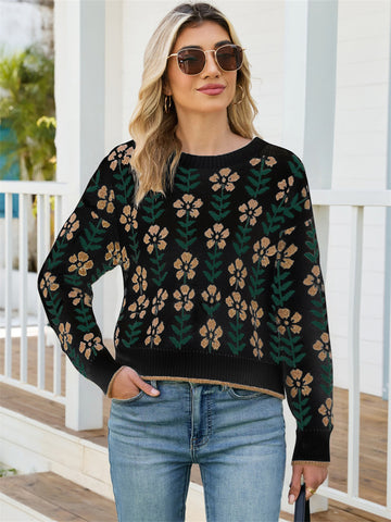 ZAFUL Women's Round Neck Long Sleeve Colorblock Printed Sweater