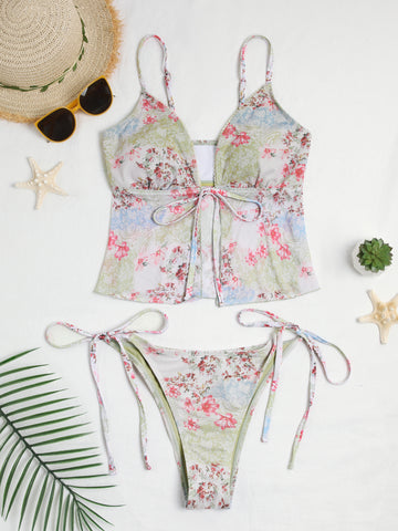 Lace Trim Tie Front High Cut Tanga Tankini -AMZ