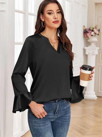 ZAFUL Women's Satin Silk Blouse Casual Dressy Tops Ruffle Long Sleeve Elegant Business Work Tunic Shirts