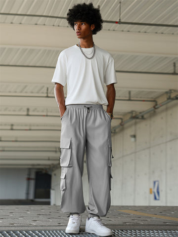 ZAFUL Men's Baggy Cargo Pants - Elastic Waist Drawstring Parachute Trousers with Pockets - Casual Street Hip Hop Style