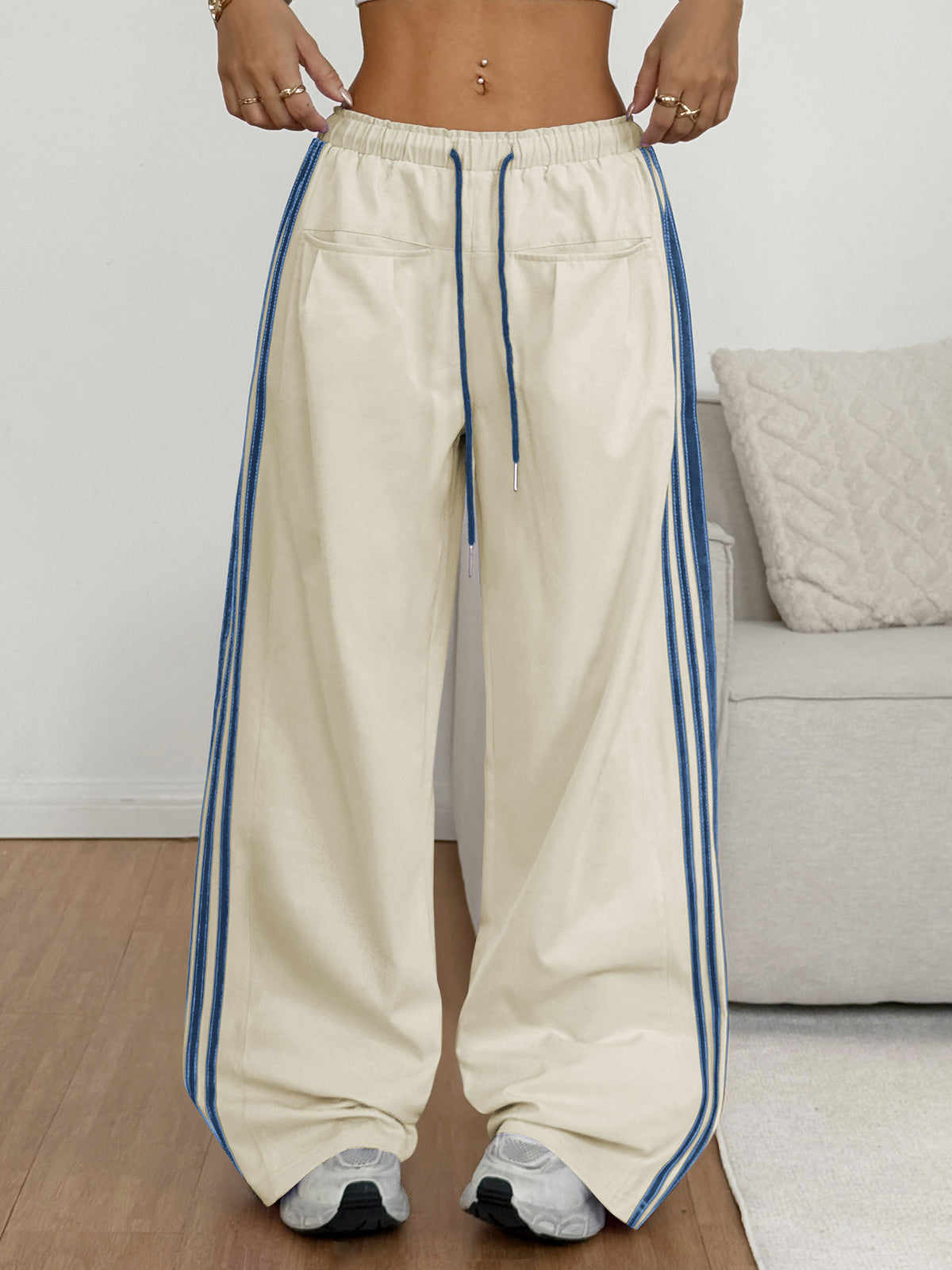 ZAFUL Women's Colorblock Straight Casual Pants Drawstring Slouchy Palazzo Pant Side Striped Lounge Trouser with Pockets-AMZ