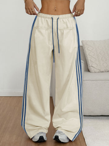 ZAFUL Women's Colorblock Straight Casual Pants Drawstring Slouchy Palazzo Pant Side Striped Lounge Trouser with Pockets-AMZ