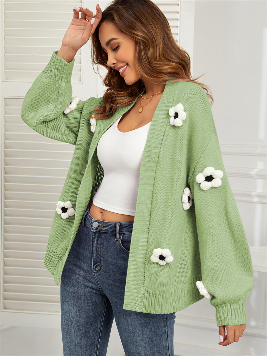 ZAFUL Women's Knitted Long Sleeve 3D Flower Cardigan Sweater Casual Crop Top Cute Going Out Trendy Fall Winter Outfits