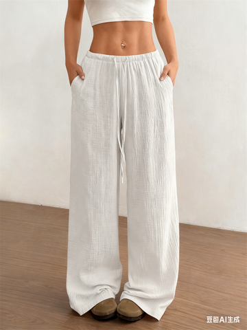 Drawstring Elastic Low Waist Linen Palazzo Pants for Women with Pockets Casual Loose Straight Leg Pant