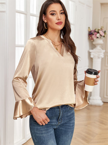 ZAFUL Women's Satin Silk Blouse Casual Dressy Tops Ruffle Long Sleeve Elegant Business Work Tunic Shirts