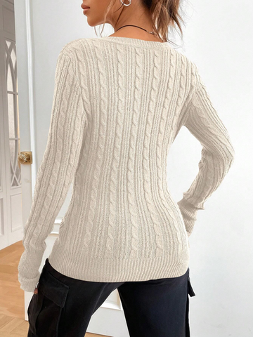 ZAFUL Women's Cable Knit V Neck Sweater Slim Fit Long Sleeve Knitwear Casual Pullover Jumper Tops