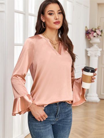 ZAFUL Women's Satin Silk Blouse Casual Dressy Tops Ruffle Long Sleeve Elegant Business Work Tunic Shirts