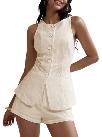 Women's Summer 2 Piece Outfits Sleeveless Matching Sets Button Down Crew Neck Vest Waistcoat and Pockets Shorts