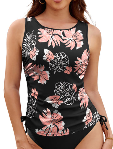 ZAFUL Tankini Tops for Women Only - Modest Swim Tank Top Scoop Neck Side Drawstring Tummy Control Swimsuit Top No Bottom