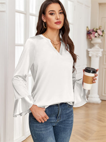 ZAFUL Women's Satin Silk Blouse Casual Dressy Tops Ruffle Long Sleeve Elegant Business Work Tunic Shirts