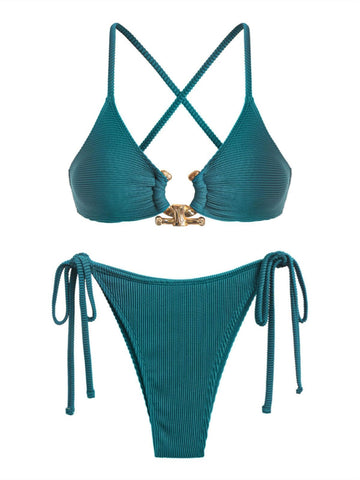 ZAFUL Women's Bikini Sets Ribbed Metal O Ring Criss Cross Two Piece Swimsuit Cheeky High Cut Side Tie Thong Bathing Suit