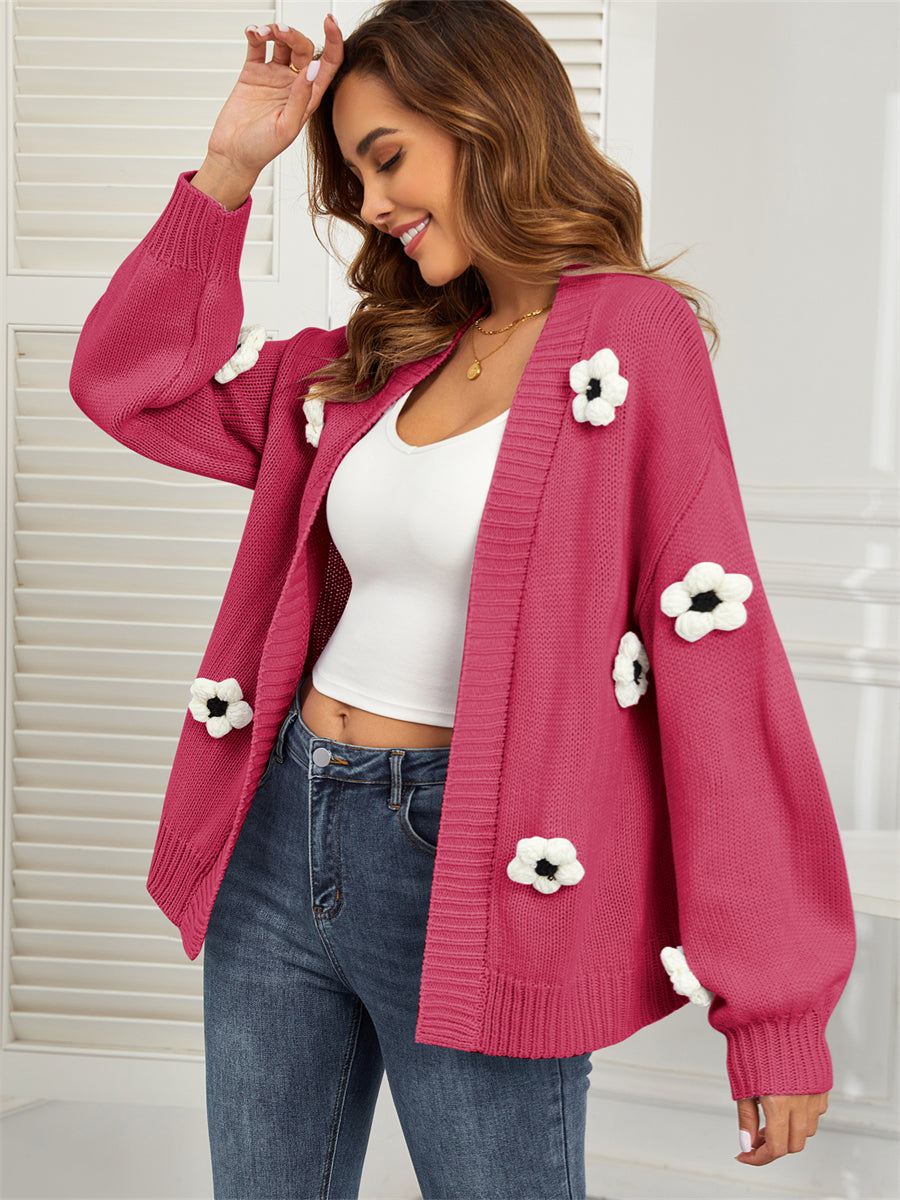 ZAFUL Women's Knitted Long Sleeve 3D Flower Cardigan Sweater Casual Crop Top Cute Going Out Trendy Fall Winter Outfits