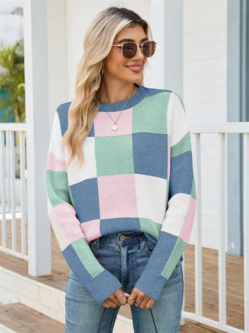 ZAFUL Women's Round Neck Long Sleeve Colorblock Printed Sweater