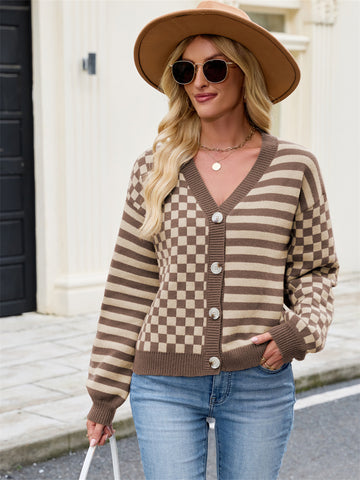ZAFUL Women's Checkered Striped Cropped Cardigan Sweater Button Front Open Knitted Outerwear