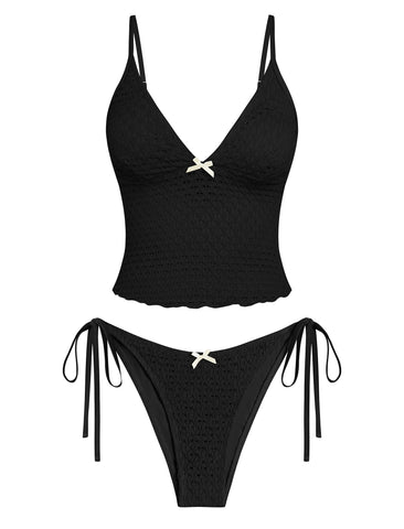Lace Jacquard Bowknot Tummy Control Tanga Tankini -AMZ