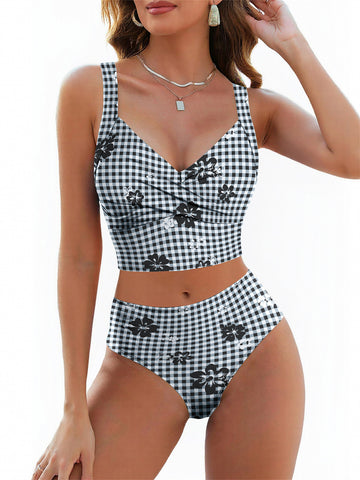 ZAFUL Womens Tankini Swimsuits V Neck Twist Front Two Piece Bathing Suits Tummy Control High Waisted Swimwear