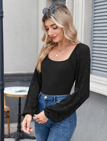 Women's Square Neck Puff Long Sleeve Casual Slim Fit Blouse