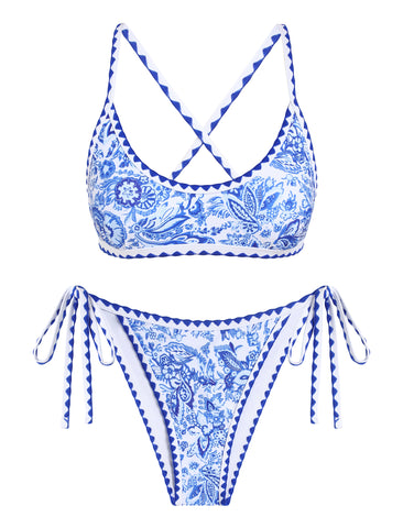 Criss Cross Back Floral Printed Tie Side Swimwear