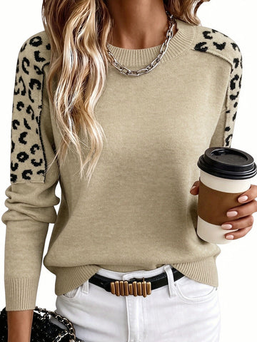 Crew Neck Leopard Patchwork Sweater