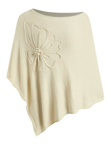 Floral Applique Asymmetrical Knit Poncho