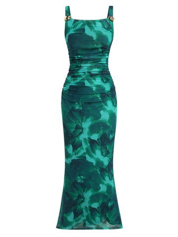 ZAFUL Sleeveless Cocktail Floral Mesh Ruched Bodycon Maxi Party Long Dress