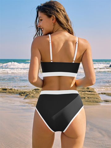 ZAFUL Women's High Waisted Bikini Sets Ribbed Two Piece Color Block Sporty Scoop Neck Swimsuit