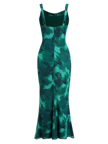 ZAFUL Sleeveless Cocktail Floral Mesh Ruched Bodycon Maxi Party Long Dress