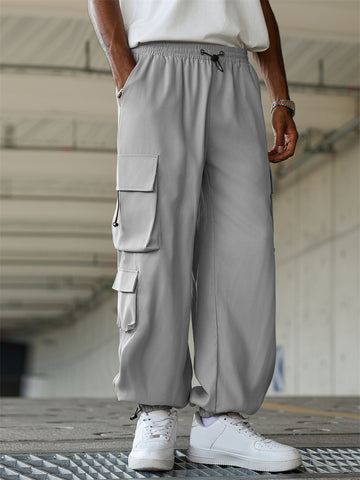 ZAFUL Men's Baggy Cargo Pants - Elastic Waist Drawstring Parachute Trousers with Pockets - Casual Street Hip Hop Style