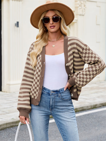 ZAFUL Women's Checkered Striped Cropped Cardigan Sweater Button Front Open Knitted Outerwear