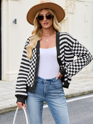 ZAFUL Women's Checkered Striped Cropped Cardigan Sweater Button Front Open Knitted Outerwear