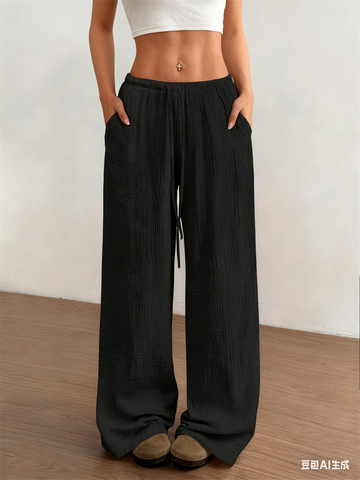 Drawstring Elastic Low Waist Linen Palazzo Pants for Women with Pockets Casual Loose Straight Leg Pant