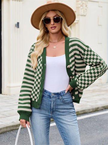 ZAFUL Women's Checkered Striped Cropped Cardigan Sweater Button Front Open Knitted Outerwear