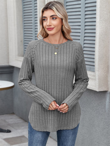 ZAFUL Women's Tops Round Neck Sleeve Curved Hem Strip Long Sleeved T Shirt Casual Sweater